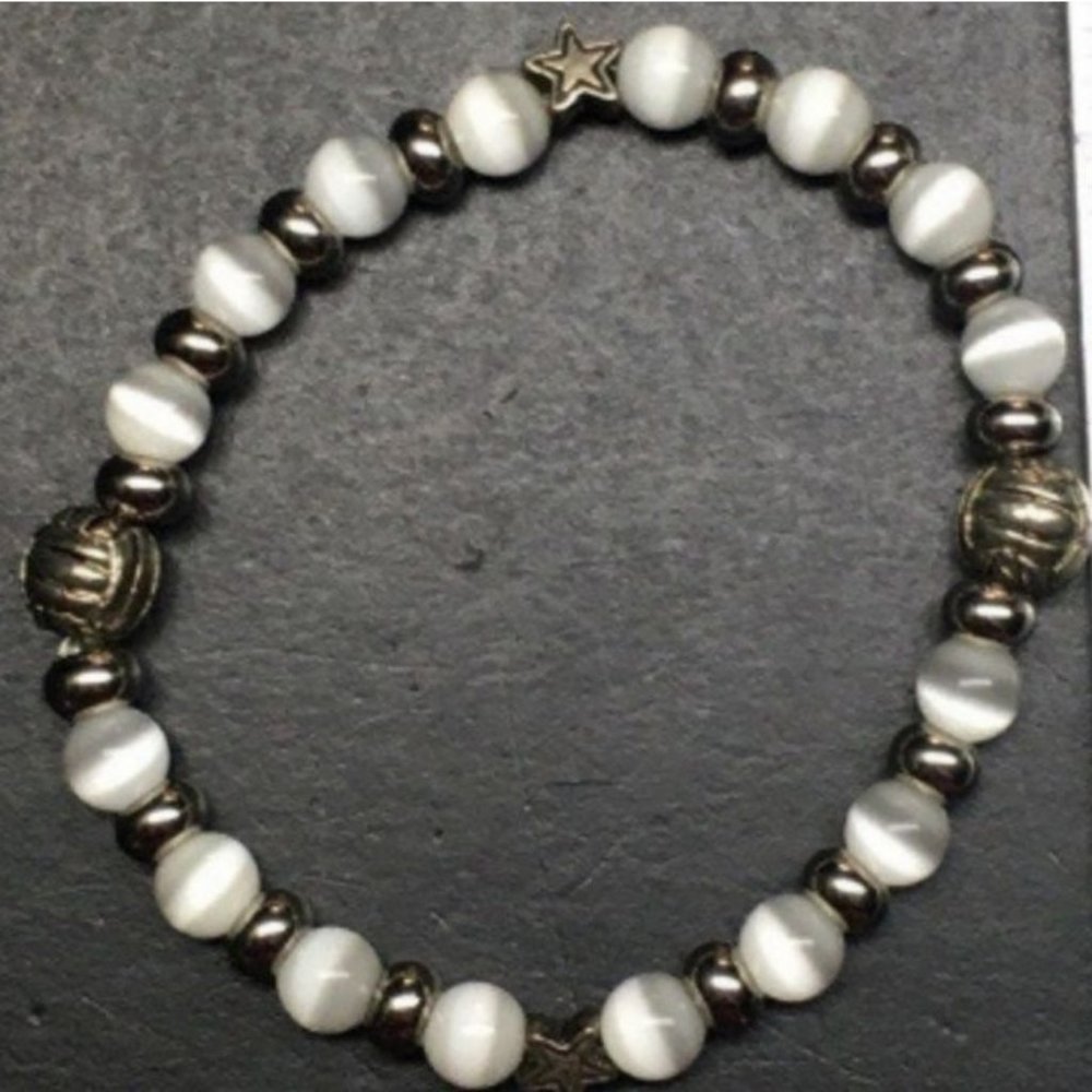 White Moonstone Stretch Bracelet Round Silver Spacers Star Retro BoHo
